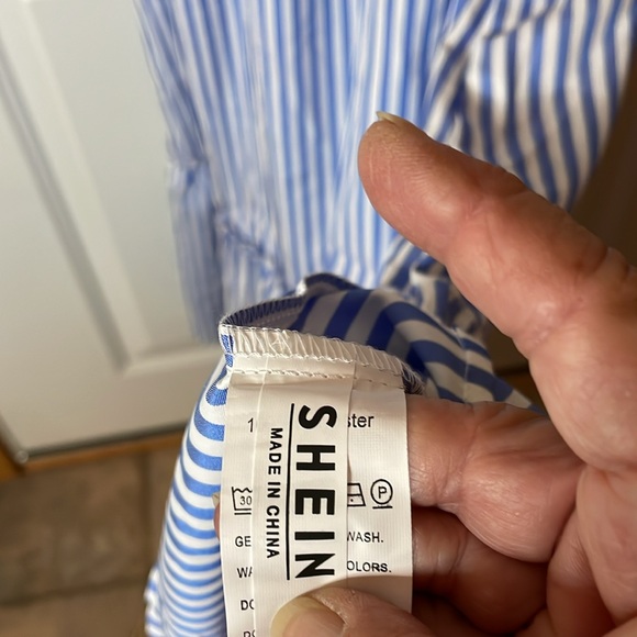 NWOT SHEIN polyester elastic top short sleeve blue/white striped dress, Size M - Picture 7 of 8